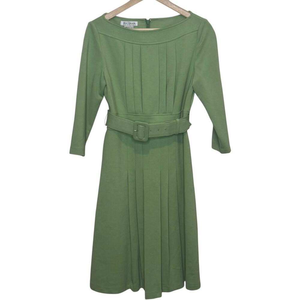 Kay Unger Mint Green Pleated Wide Belt A-Line Midi  Dress Size 6